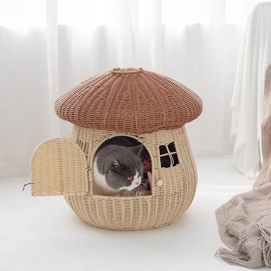 Woven Rattan Cat House – Enclosed Pet Nest with Dual Use